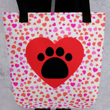 Load image into Gallery viewer, Allover Hearts & Large Heart w/ Paw Dog Tote Bag-Lt. Pink