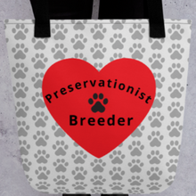 Load image into Gallery viewer, Allover Grey Paws & Large Heart w/ Preservationist Breeder Conformation Tote Bag-Lt. Grey