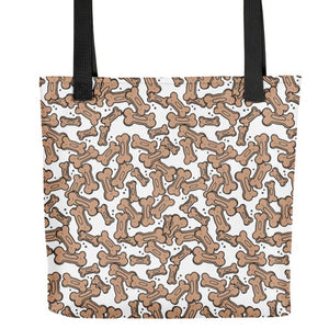 Allover Brown Dog Bones Tote Bag-White