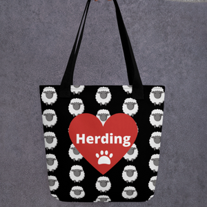 Allover Sheep w/ Herding in Heart Tote Bag - Black