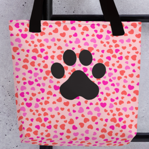 Allover Hearts & Large Paw Dog Tote Bag-Lt. Pink