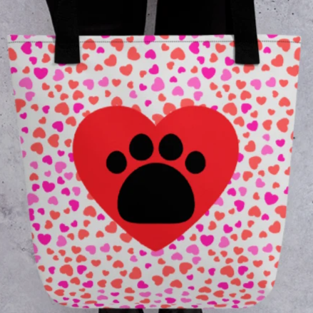 Allover Hearts & Large Heart w/ Paw Dog Tote Bag-Lt. Pink